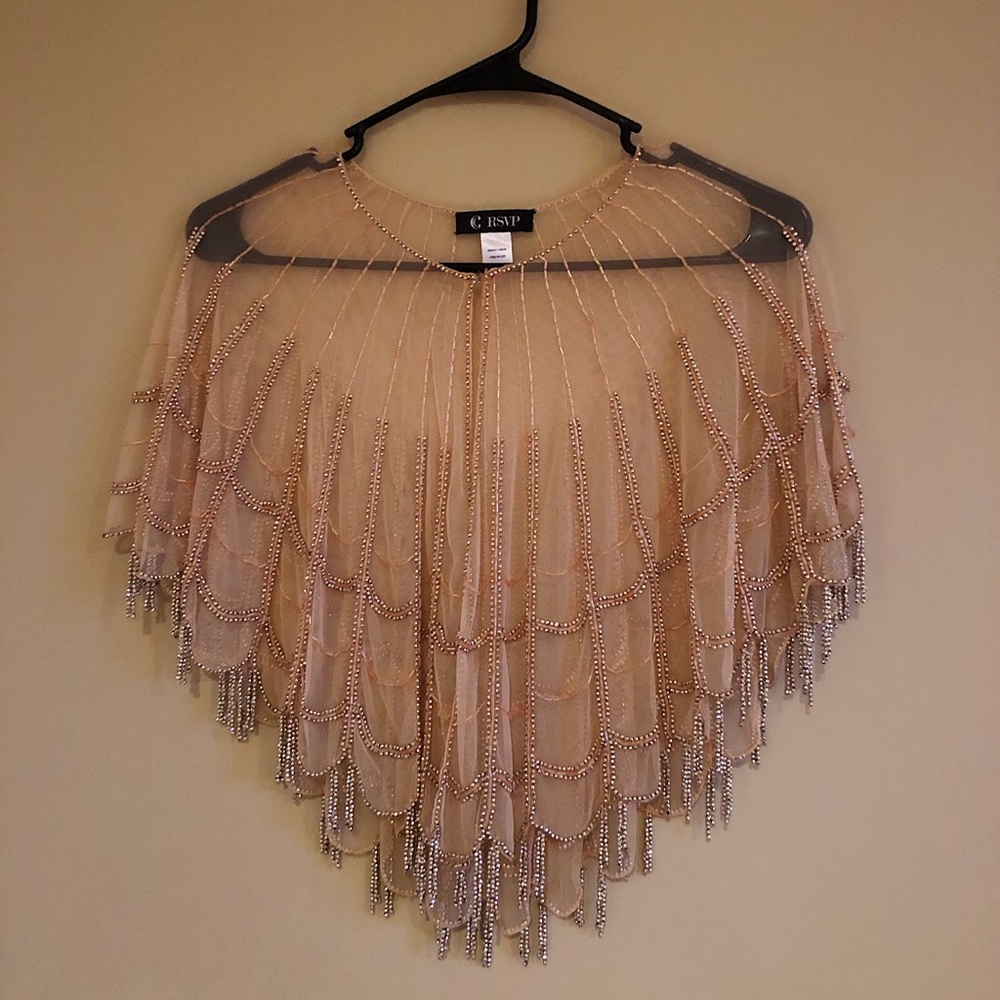 Charming Charlie Nude Beaded Fringe Capelet